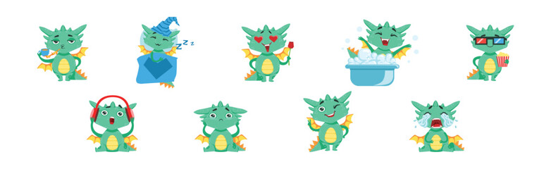 Wall Mural - Funny Baby Dragon Character Engaged in Different Activity Vector Set
