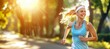 Closeup of a young woman runner jogging through the serene and picturesque park environment