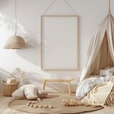 Fototapeta  - Empty frame mockup in bedroom and children's playroom design, 3D render