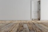 Fototapeta  - empty room with exit door, wooden floor and white wall background, 3d render
