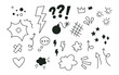 Anime hand drawn effect set. Collection of speech bubble, arrows and doodles. Explosion bomb effect, exclamation. Vector illustration. Comic manga emotion icons. Vector illustration