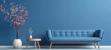 Fototapeta  - Mint blue blank wall mockup with comfortable sofa and beautiful indoor plant decoration, 3d render