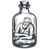 Fototapeta  - An old man sleeps inside a bottle, vector illustration