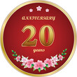 20th Anniversary Celebration. Background design with creative numbers and floral pattern in round golden frame. Vector illustration