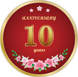10th Anniversary Celebration. Background design with creative numbers and floral pattern in round golden frame. Vector illustration