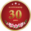 30th Anniversary Celebration. Background design with creative numbers and floral pattern in round golden frame. Vector illustration