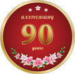 90th Anniversary Celebration. Background design with creative numbers and floral pattern in round golden frame. Vector illustration