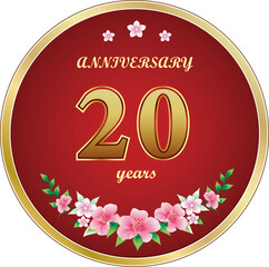 Wall Mural - 20th Anniversary Celebration. Background design with creative numbers and floral pattern in round golden frame. Vector illustration