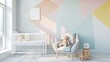 A rendering of a bright and colorful nursery with a crib, rocking chair, and large geometric shapes on the walls.
