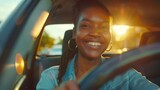Fototapeta Londyn - A woman driving her car with a smile, Close up portrait of female with glad enjoying travel
