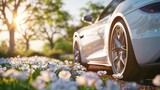 Fototapeta  - A white car is parked in a field of flowers, A tires car on summer