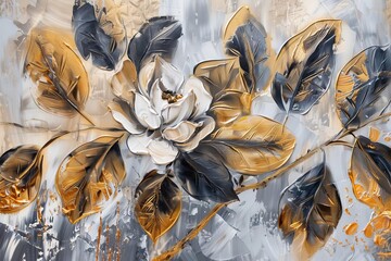 Wall Mural - abstract floral oil paintings with textured golden leaves modern wall art prints