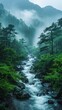 A beautiful landscape image of a river flowing through a valley. The river is surrounded by green trees and the sky is cloudy.