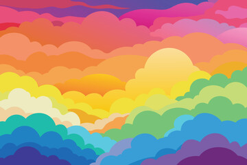 Wall Mural - Colorful watercolor background of abstract sunset sky with puffy clouds in bright rainbow colors of pink green blue yellow and purple vector