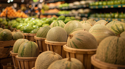 Wall Mural - The image features a large display of honey dew melons in a grocery store. The melons are arranged in several wooden baskets, with some placed on the top of the baskets and others stacked inside