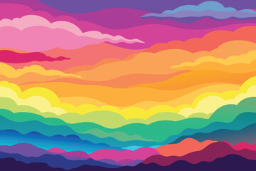 Wall Mural - Colorful watercolor background of abstract sunset sky with puffy clouds in bright rainbow colors of pink green blue yellow and purple vector