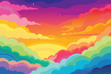 Wall Mural - Colorful watercolor background of abstract sunset sky with puffy clouds in bright rainbow colors of pink green blue yellow and purple vector