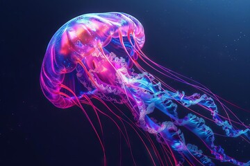 Wall Mural - bioluminescent jellyfish floating in deep sea abyss surreal neon colors on black background 3d illustration