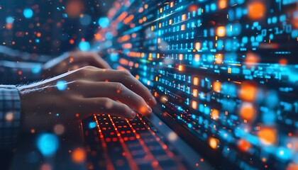 Close-up of a network engineer patching vulnerabilities, typing commands on screen, illustrating software maintenance and threat response