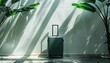 editorial minimalist shot of a forest green suitcase against a large white wall with a small opening, evoking a muted exotic rainforest