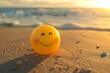 © furyon - cute smiling yellow ball on beach sand summer vibes optimism and happiness 3d illustration