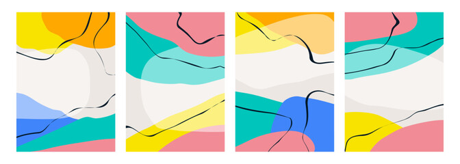 Leinwandbilder - Set of abstract backgrounds with various color hand drawn dynamic shapes and black curved lines for creative graphic design. Vector illustration.
