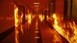 Sinister flames engulfing a high school hallway, close-up shot that captures the eerie glow and shadows, heightening the sense of dread