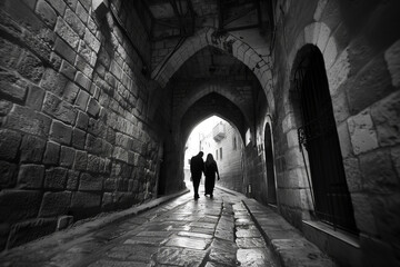 Canvas Print - hoto of an old street in the ancient city center of Jerusalem, with stone walls and arches. An Arab couple is walking through it, captured with a wide angle lens, in the style of an Orientalist painte