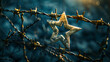 David star and barbed wire on dark background. 