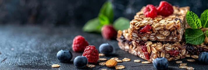 Wall Mural - Close up of split chewy granola bar showing hearty oats, nuts, and sweet dried fruits in detail