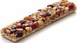 Split chewy granola bar showcasing hearty oats, nuts, and sweetened dried fruits in close up view