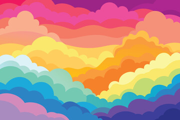 Wall Mural - Colorful watercolor background of abstract sunset sky with puffy clouds in bright rainbow colors of pink green blue yellow and purple vector