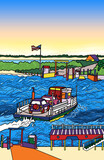 Fototapeta Kosmos - Colorful Hand Drawn Illustration of a Ferry Transporting  Tourists and Cars from Edgartown to Chappaquiddick Island,  Chappy Happy Martha's Vineyard USA Summer Time