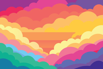 Wall Mural - Colorful watercolor background of abstract sunset sky with puffy clouds in bright rainbow colors of pink green blue yellow and purple vector