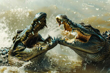 Two Crocodiles Engage In A Fierce Battle Over Territory.