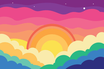 Wall Mural - Colorful watercolor background of abstract sunset sky with puffy clouds in bright rainbow colors of pink green blue yellow and purple vector