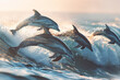 A pod of dolphins leaps joyfully through the waves.