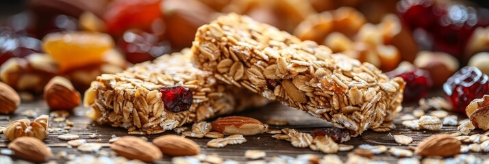 Wall Mural - Split granola bar close up with oats, nuts, and dried fruits showcasing wholesome ingredients