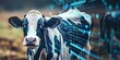 business illustration. dairy cows, overlay with colorful technological patterns, charts, waveforms