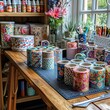 Rolls of colorful patterned washi tape sit on a wooden table in an artist's studio.