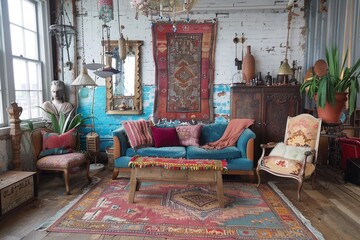 Poster - Boho chic urban living room with vintage furniture and eclectic accessories