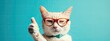 Delightful picture capturing a clever cat wearing glasses and offering a thumbs-up pose, radiating charm and wit.