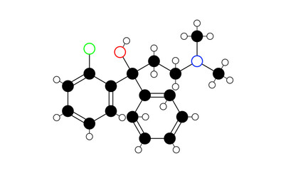 Sticker - clofedanol molecule, structural chemical formula, ball-and-stick model, isolated image local anesthetic