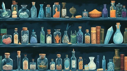 Wall Mural - Illustration of occult magic magazine and shelf with various potions, bottles, poisons, crystals, salt. Alchemical medicine concept