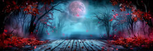 Empty Wooden Table On Halloween Red And Blue Spooky Forest Background With Moon, Trees, Fallen Leaves, Dark Fantasy,