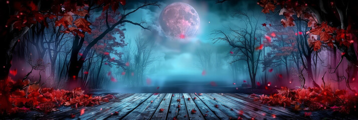 empty wooden table on Halloween red and blue spooky forest background with moon, trees, fallen leaves, dark fantasy,