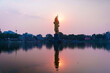 The Statue of Hindu god Lord Shiva in Sursagar Lake is seen at sunset in Vadodara city in the state of Gujarat. Concept of hinduism religion
