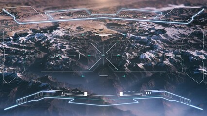 Aufkleber - HUD aerial view science fiction landscape flying over mountain with UI scanning interface military weapon concept 4K motion.