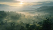 Fog and sunrise light on the mountains in northern Thailand, Chiang Mai.