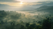 Fog And Sunrise Light On The Mountains In Northern Thailand, Chiang Mai.